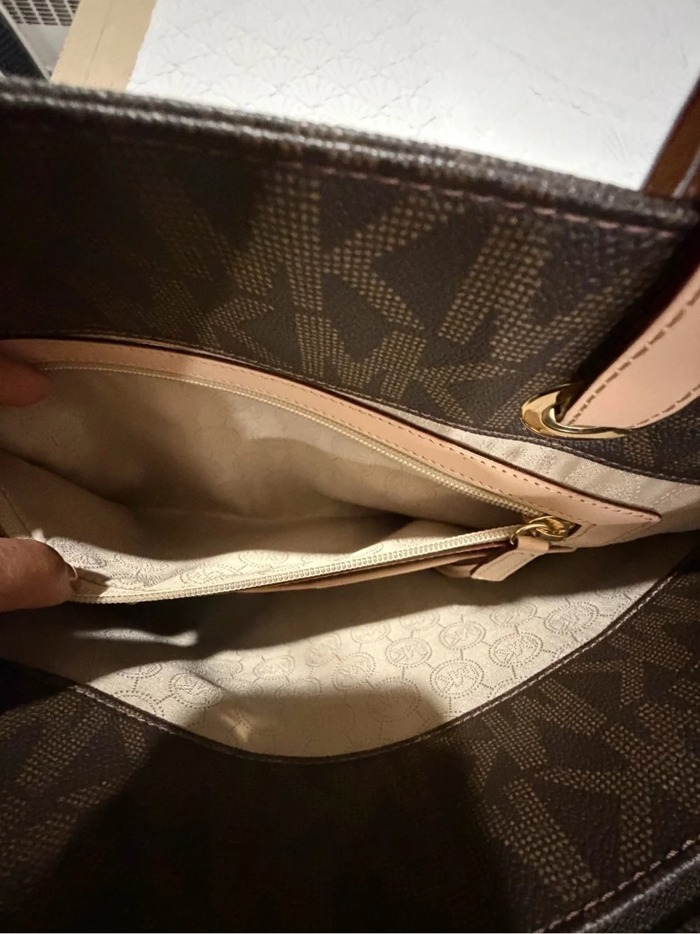 Michael Kors Brown Monogram Tote with Blush Straps
